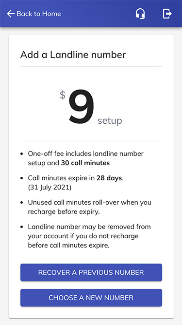 screenshot of the Add a Landline Number page showing the Recover button