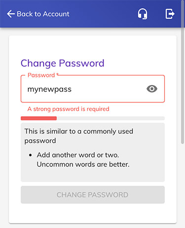 Screenshot of the change password dialog