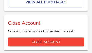 Screenshot of the close account button