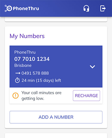 screenshot of the My Numbers section showing a recharge button