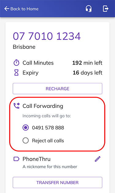 screenshot of the number management page with the call forwarding switch highlighted